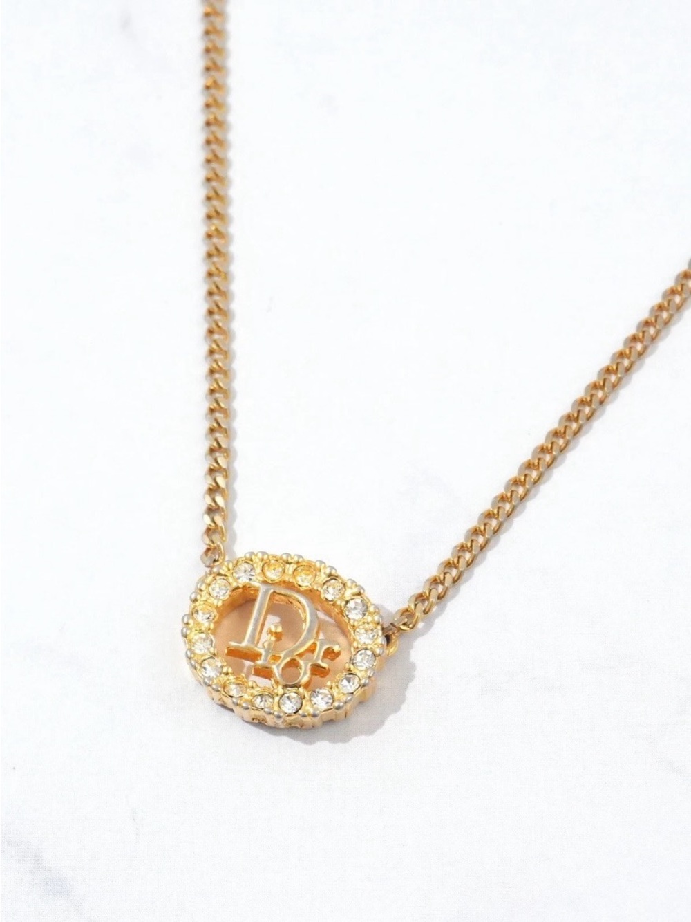 Vintage Christian Dior Classic Logo Monogram Rhinestone Oval Gold Chain Necklace